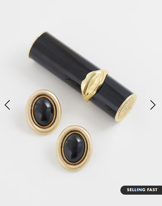 ASOS DESIGN stud earrings with black resin stone set in brushed gold tone