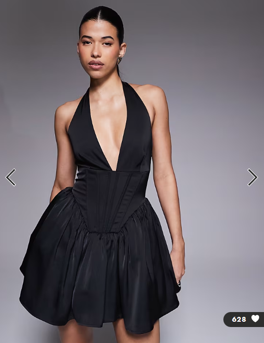 Aria Cove satin plunge halterneck corset detail skater mini dress in black