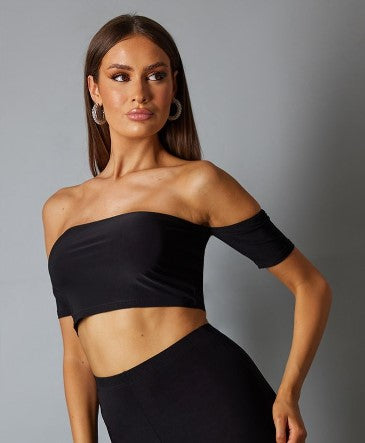 Black Slinky Bardot Short sleeved Crop Top