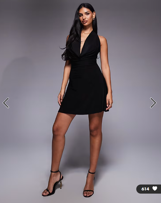 Kaiia exclusive double layered slinky cowl neck skater mini dress in black