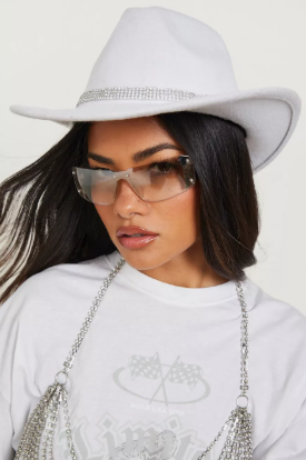 White Diamante Wide Brim Cowboy Hat