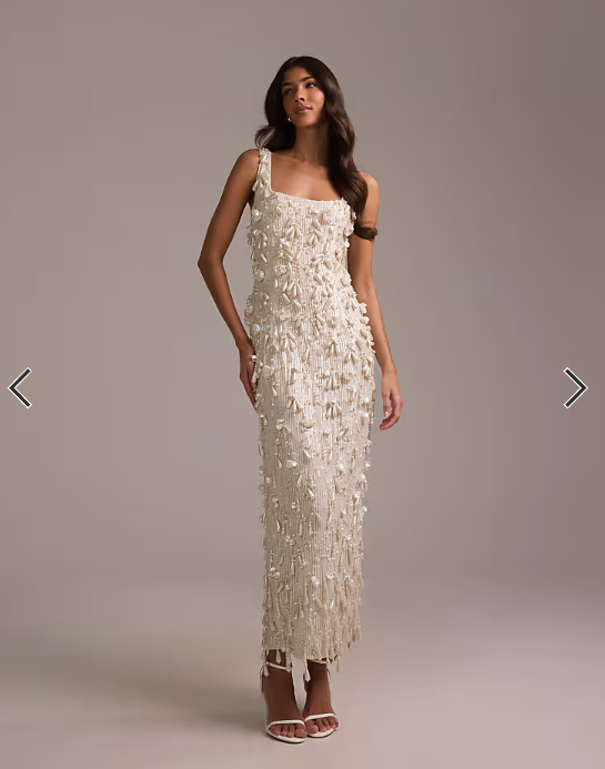 ASOS DESIGN pearl encrusted square neck maxi dress with beaded fringe in ivory