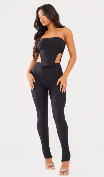 Black Textured Waffle Cut Out Bandeau Jumpsuit