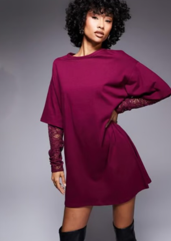 ASOS DESIGN long sleeve lace sleeve t shirt mini dress in burgundy