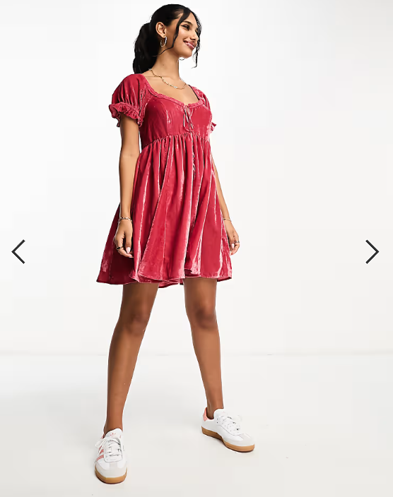 ASOS DESIGN velvet prairie mini dress with ribbon trim in dark rose
