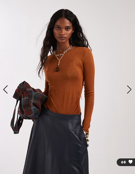 ASOS DESIGN sheer knitted soft touch ruched side top in rust - AUBURN