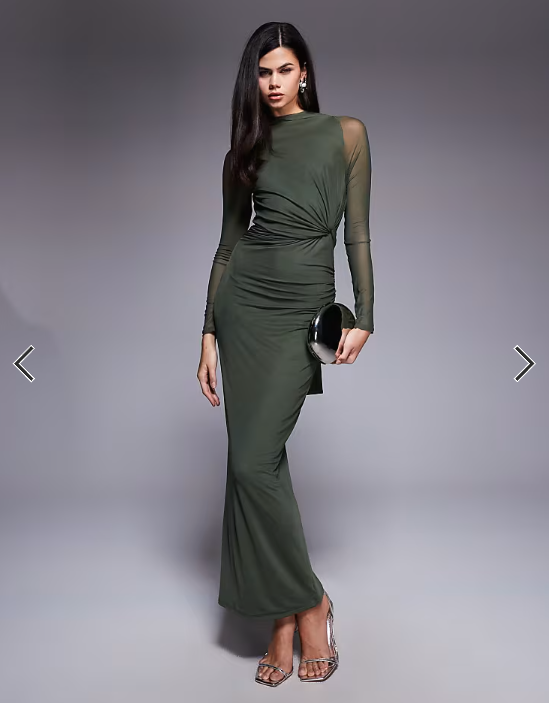 ASOS DESIGN mesh long sleeve twist bust detail halter maxi dress in khaki