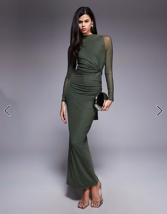 ASOS DESIGN mesh long sleeve twist bust detail halter maxi dress in khaki