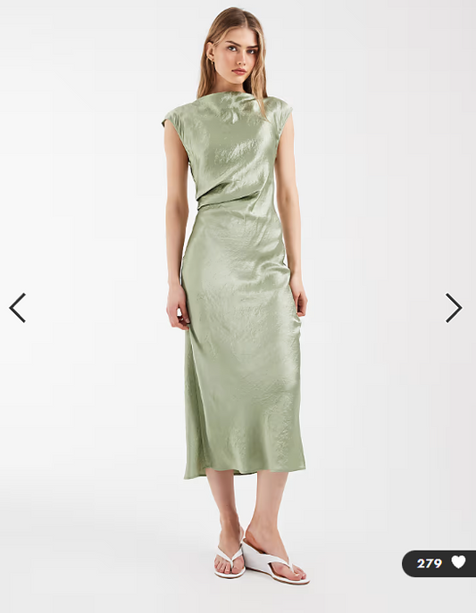 & Other Stories bias cut satin midi dress with drape detail in sage green