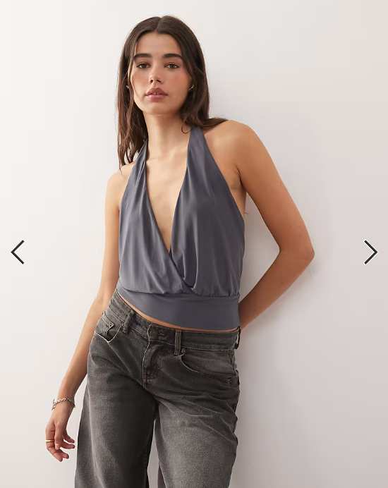 COLLUSION wrap halter neck top in charcoal grey