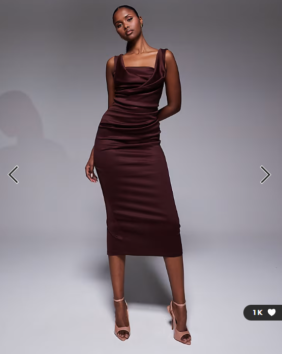 ASOS DESIGN square neck pleat bust midi pencil dress in chocolate