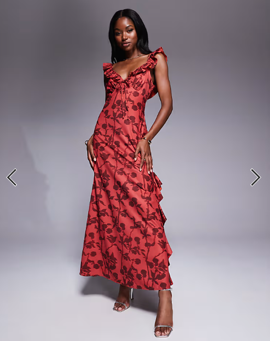 Rare London ruffle tie front side slit maxi dress in red floral