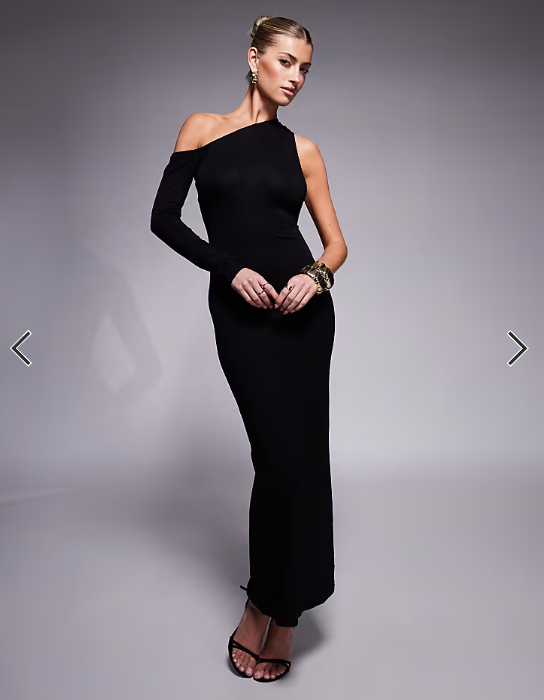 ASOS DESIGN long sleeve asymmetric drape side detail midi dress with trim back in black