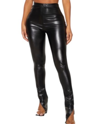 Black Faux Leather Side Split Hem High Rise Pants