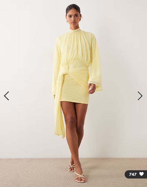 ASOS DESIGN stretch chiffon high neck blouson mini dress in lemon
