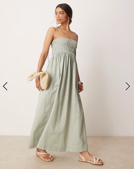 ASOS DESIGN shirred bust cotton sateen maxi sundress in sage