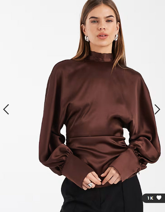 ASOS DESIGN satin high neck batwing blouse in chocolate