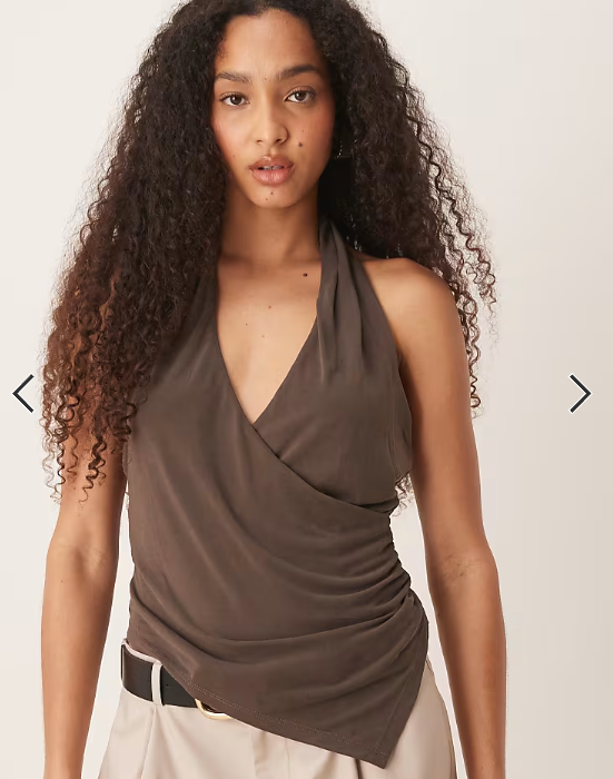 Mango asymmetric halter neck top with ruched cinch waist detail in mocha brown
