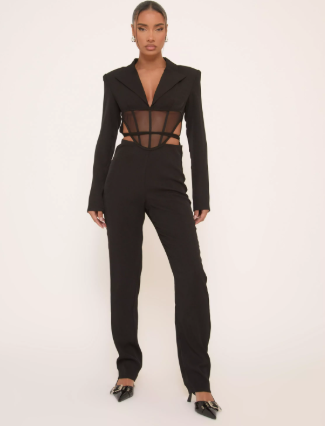 Long Sleeve Mesh Insert Cut Out Corseted Tailored Jumpsuit In Black