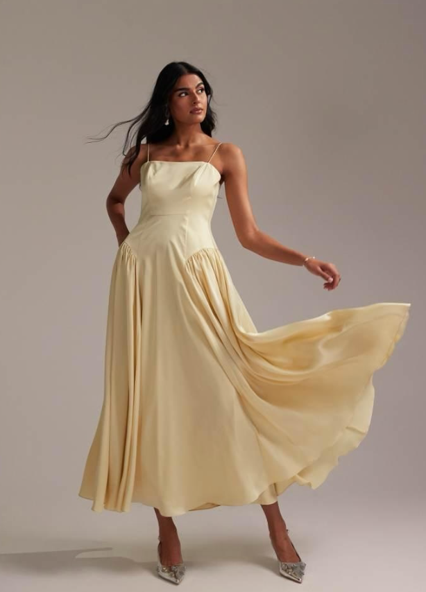 ASOS DESIGN Bridesmaids drop waist tie detail cami midaxi dress in soft yellow