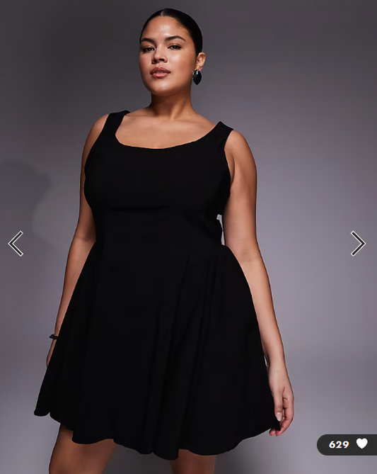ASOS DESIGN Curve bengaline scoop neck structured flippy mini dress in black