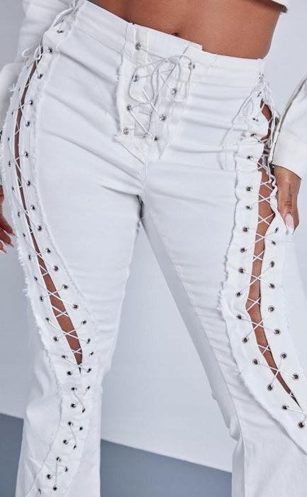 Plt Shape White Denim Lace Up Detail Flare Jeans