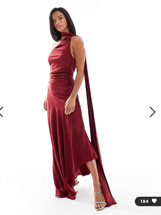 TFNC Petite Bridesmaids satin asymmetric maxi dress with scarf neck in red
