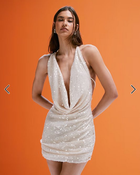 South Beach silver sequin mini beach dress in cream
