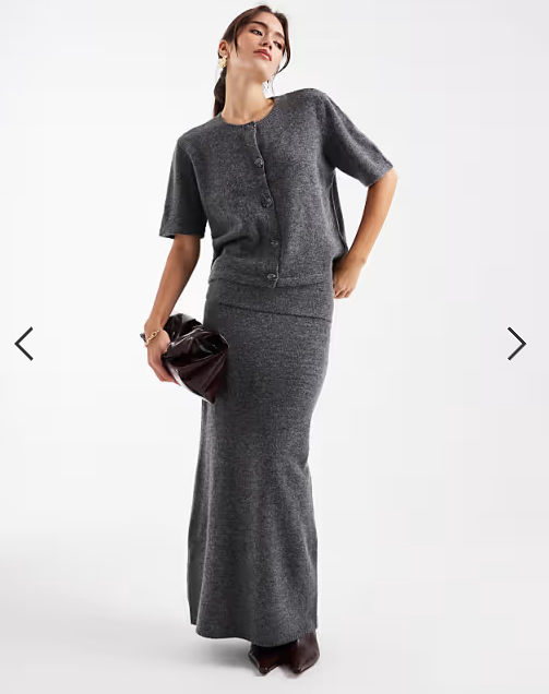 Pieces foldover waist knitted midi skirt co-ord in medium grey melange