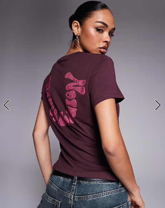 True Religion baby tee with diamante logo back print in burgundy