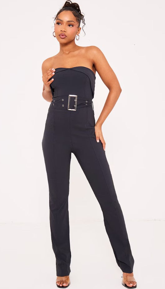 Charcoal Stretch Woven Fold Over Bandeau Belted Jumpsuit