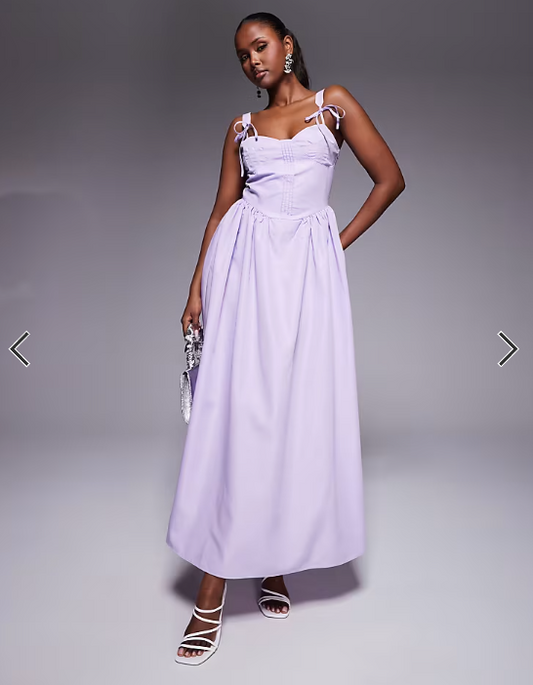 Kaiia exclusive cotton rich poplin corset tie strap detail gathered skirt maxi dress in lilac