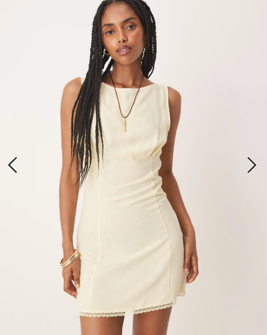 ASOS DESIGN ruched bust mini dress with lace trim in lemon