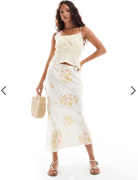 New Look satin bias midi skirt in yellow floral