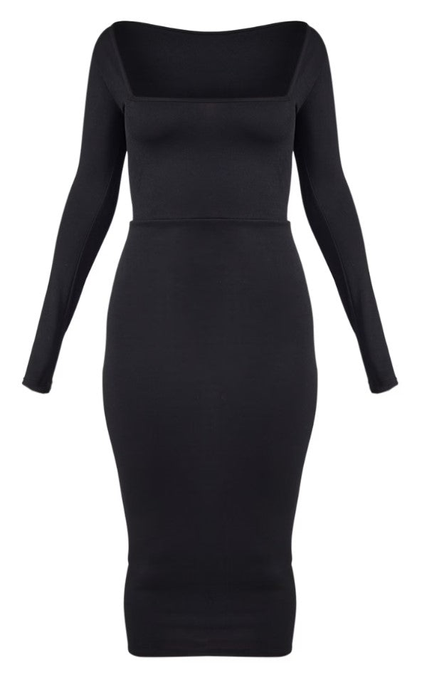 Black Square Neck Long Sleeve Midaxi Dress