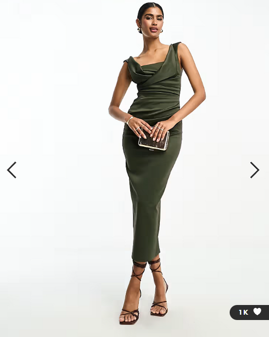 ASOS DESIGN square neck pleat bust midi pencil dress in deep green