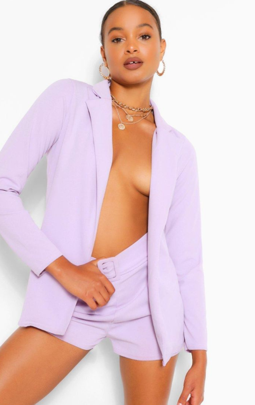 Boohoo - Blazer And Self Fabric Belt Short Suit SET- lilac