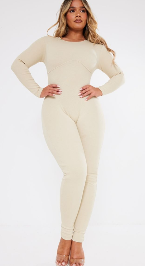 Plt - Shape Stone Ribbed Zip Front Long Sleeve Jumpsuit