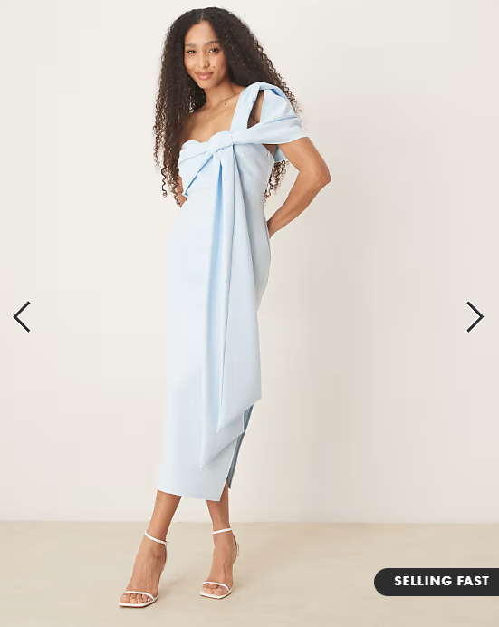 ASOS DESIGN off shoulder bow detail midi dress in light blue in scuba-style fabric