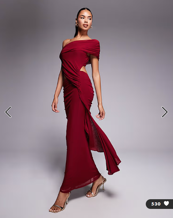 ASOS DESIGN mesh ruched off shoulder midi dress with ruffle sash detail in cherry