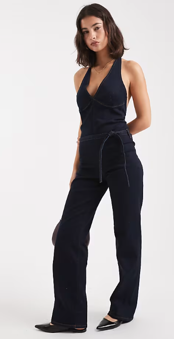 Asos - Miss Selfridge plunge tie waist jumpsuit in indigo