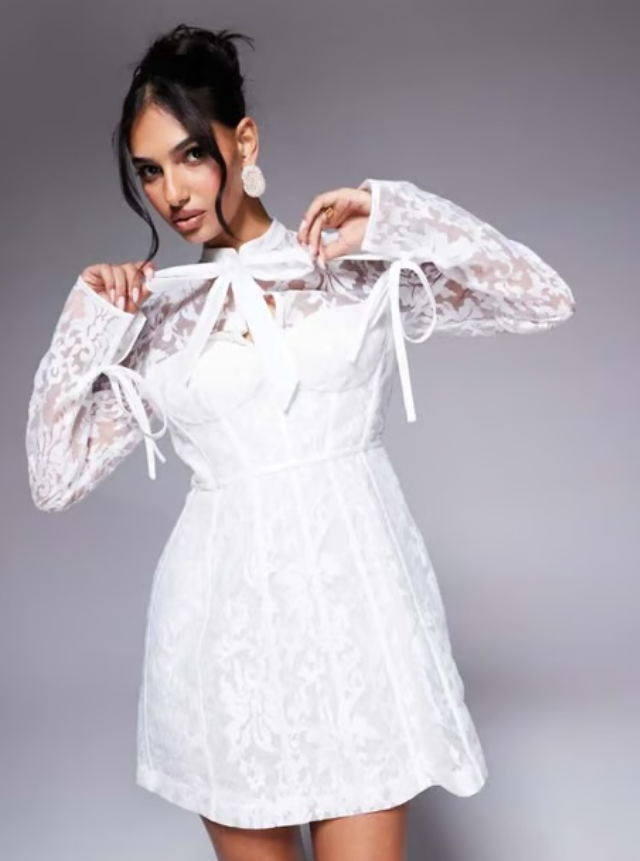 ASOS LUXE jacquard lace long sleeve caged mini dress in white