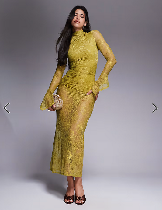 ASOS DESIGN high neck lace midi dress with asymmetric fluted sleeve cuffs in chartreuse