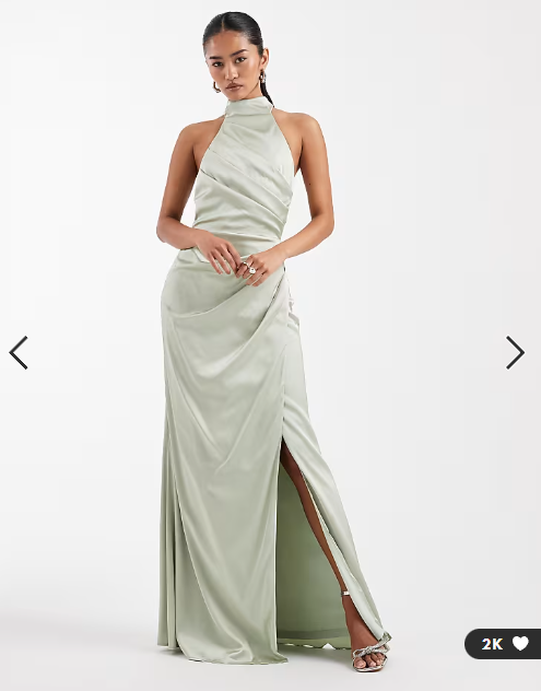 TFNC Bridesmaid satin halter neck pleat detail maxi dress in sage green