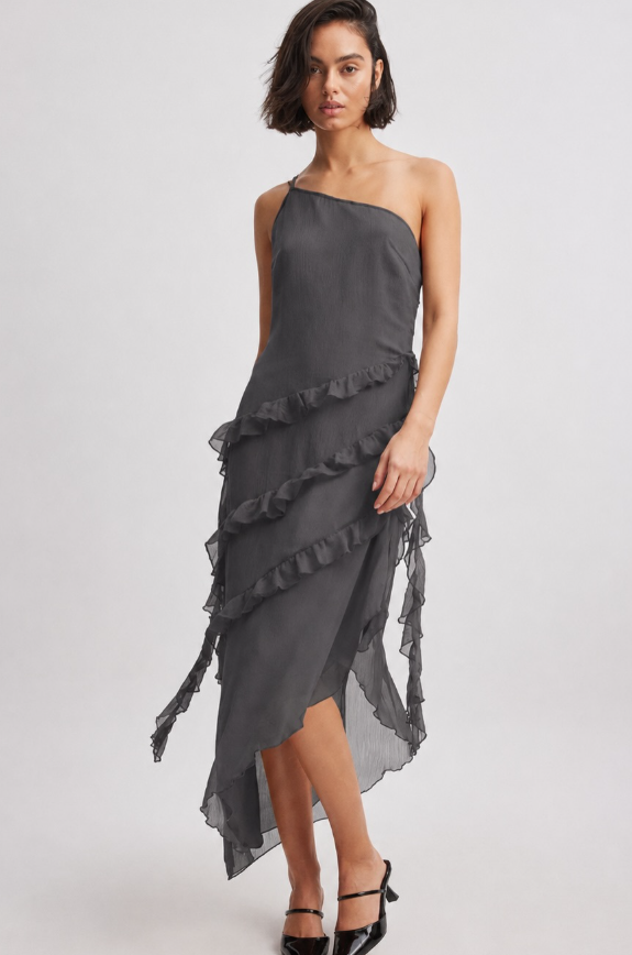 Na-kd - ruffle chiffon midi dress in grey