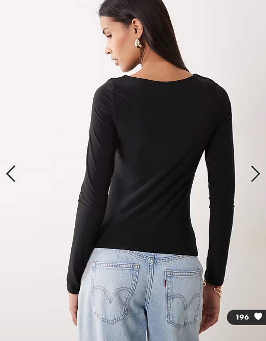 ASOS DESIGN slinky long sleeve top with ruched boat neck in black