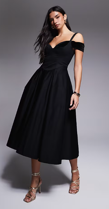 ASOS LUXE midi dress with full skirt and velvet inserts in black