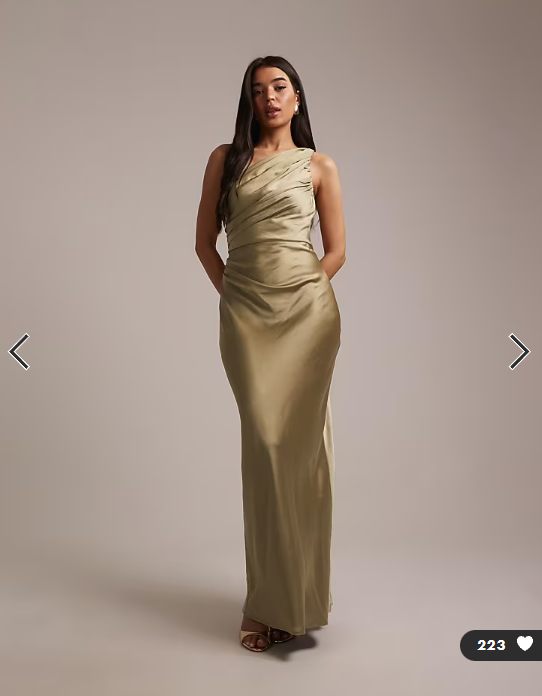 Pretty Lavish Bridesmaids Juliet satin gathered one shoulder maxi dress in olive green