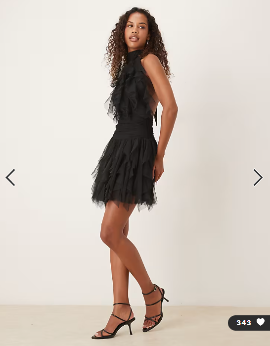 Lace & Beads ruffle halter drop hem mini dress in black