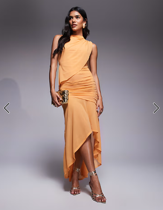 ASOS DESIGN ruched maxi dress with high low hem in apricot